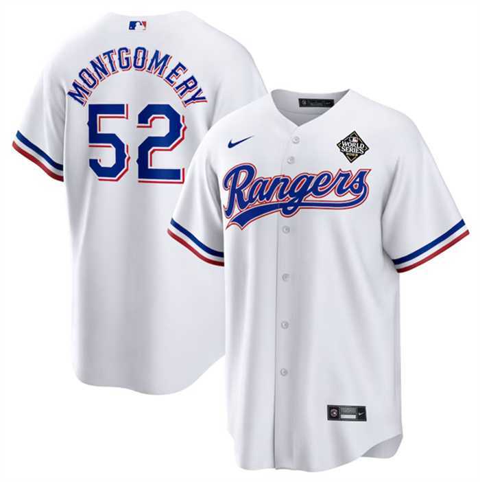 Mens Texas Rangers #52 Jordan Montgomery White 2023 World Series Stitched Baseball Jersey Dzhi